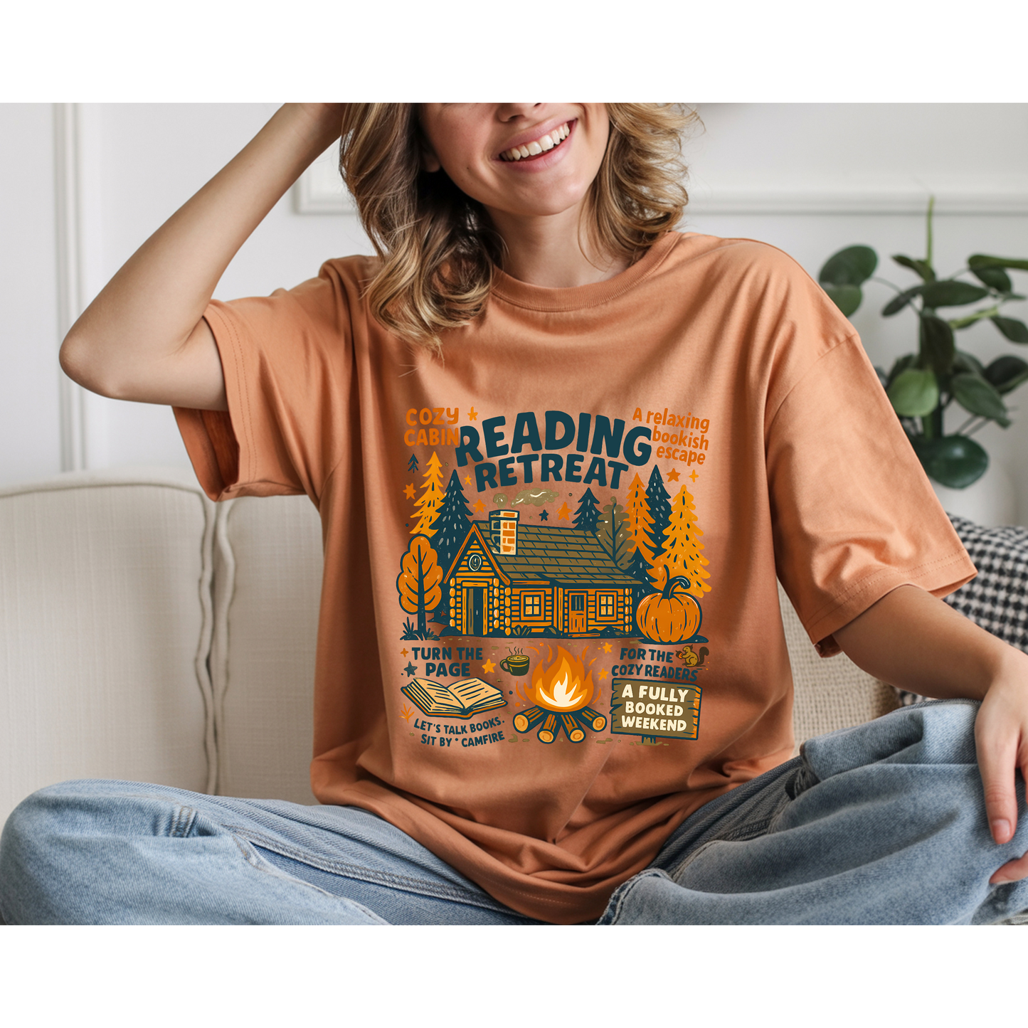 Cozy Reading Retreat T-Shirt - Maroon Color with Forest and Cabin Design for Relaxing Book Lovers