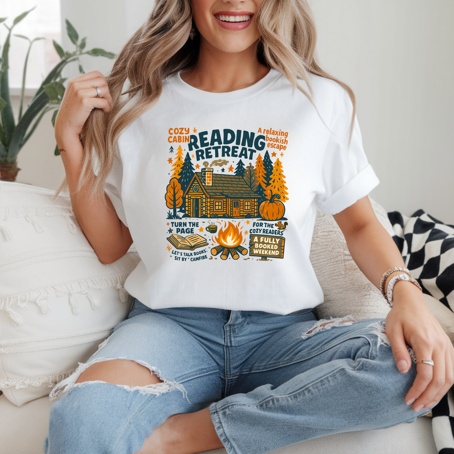 Cozy Reading Retreat T-Shirt - Maroon Color with Forest and Cabin Design for Relaxing Book Lovers