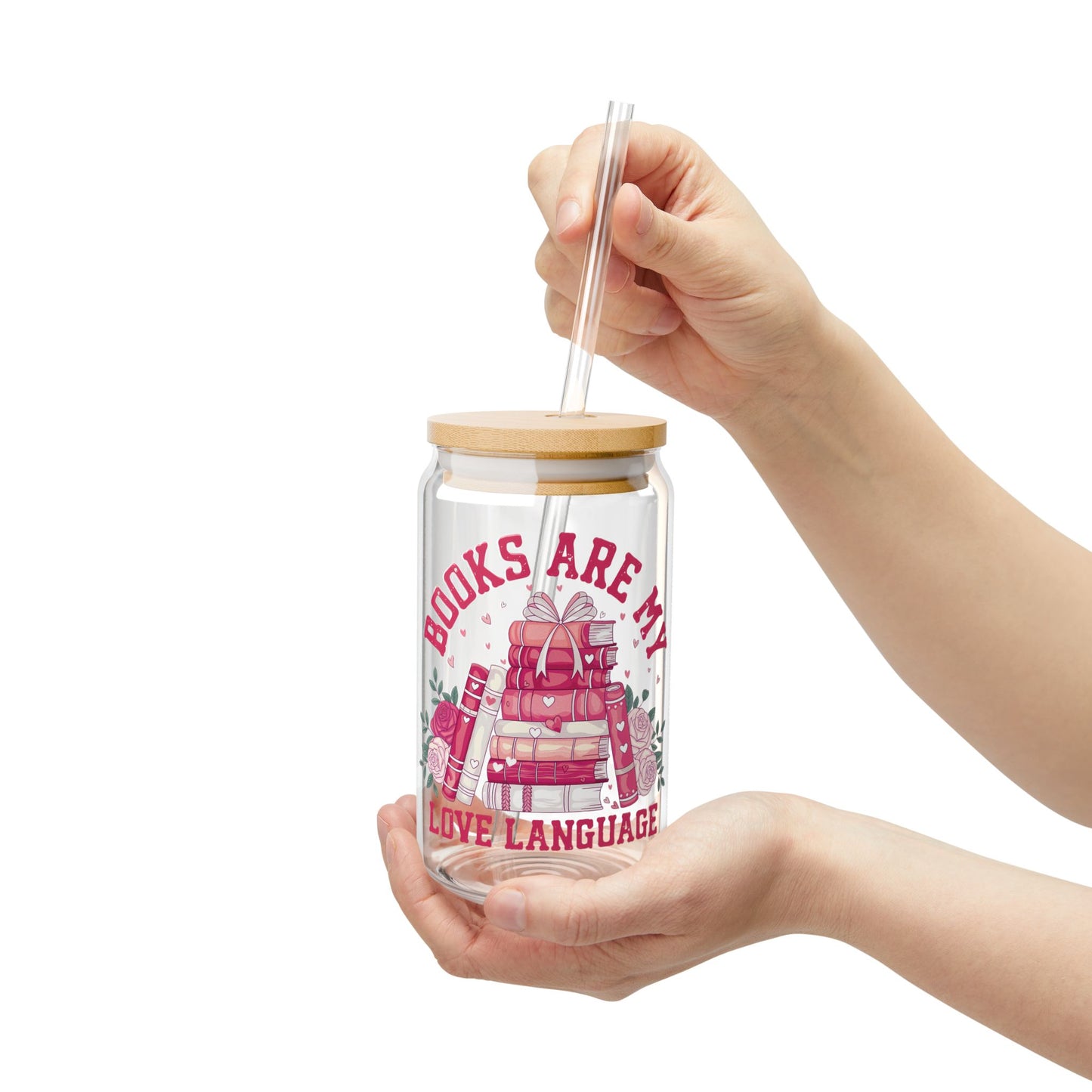 Books are my Love Language 16 oz Glass can cup