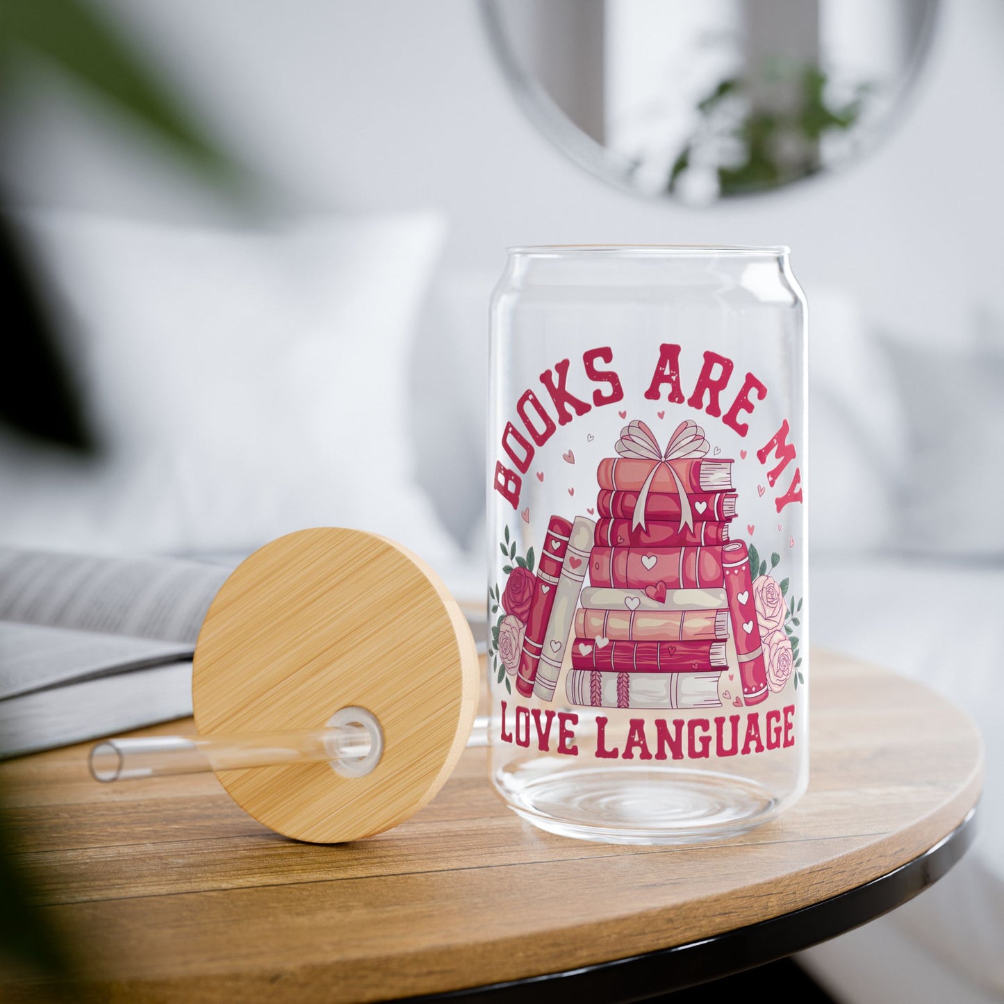 Books are my Love Language 16 oz Glass can cup