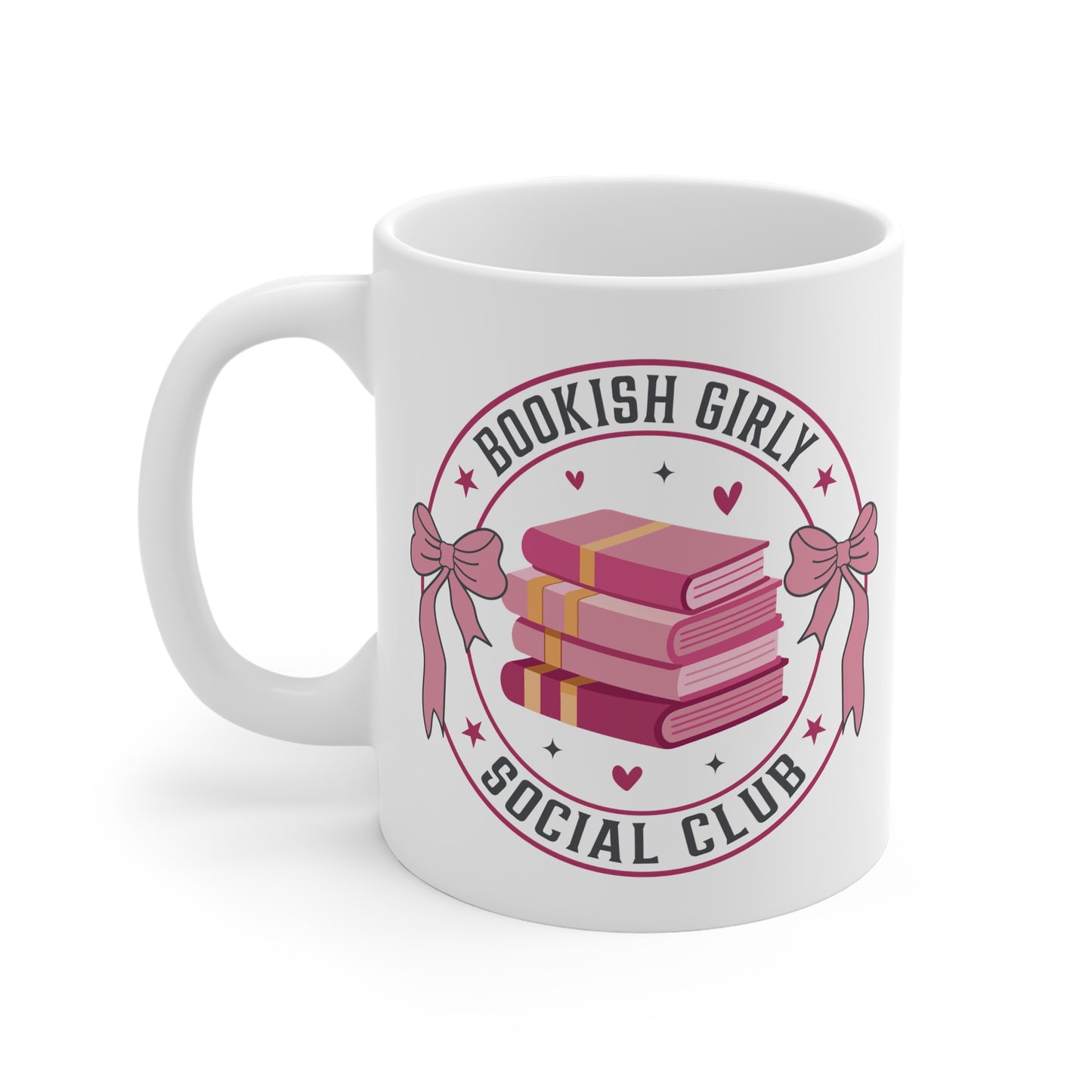 Bookish Girly social Club Card Bookish Mug 11 Oz ceramic with spoon