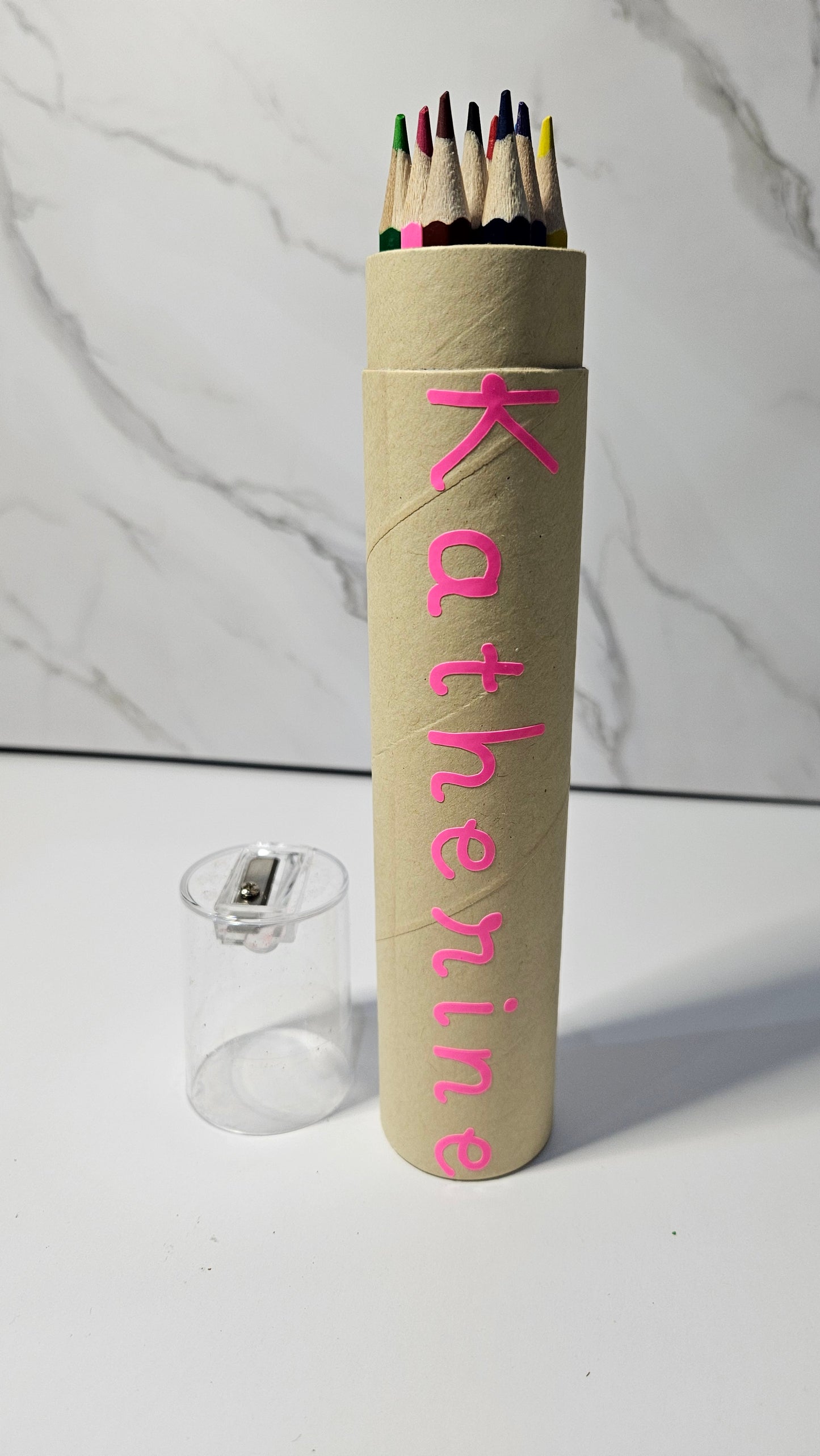 Set of 12 colored pencil with tube case and sharpener. Personalized white foil