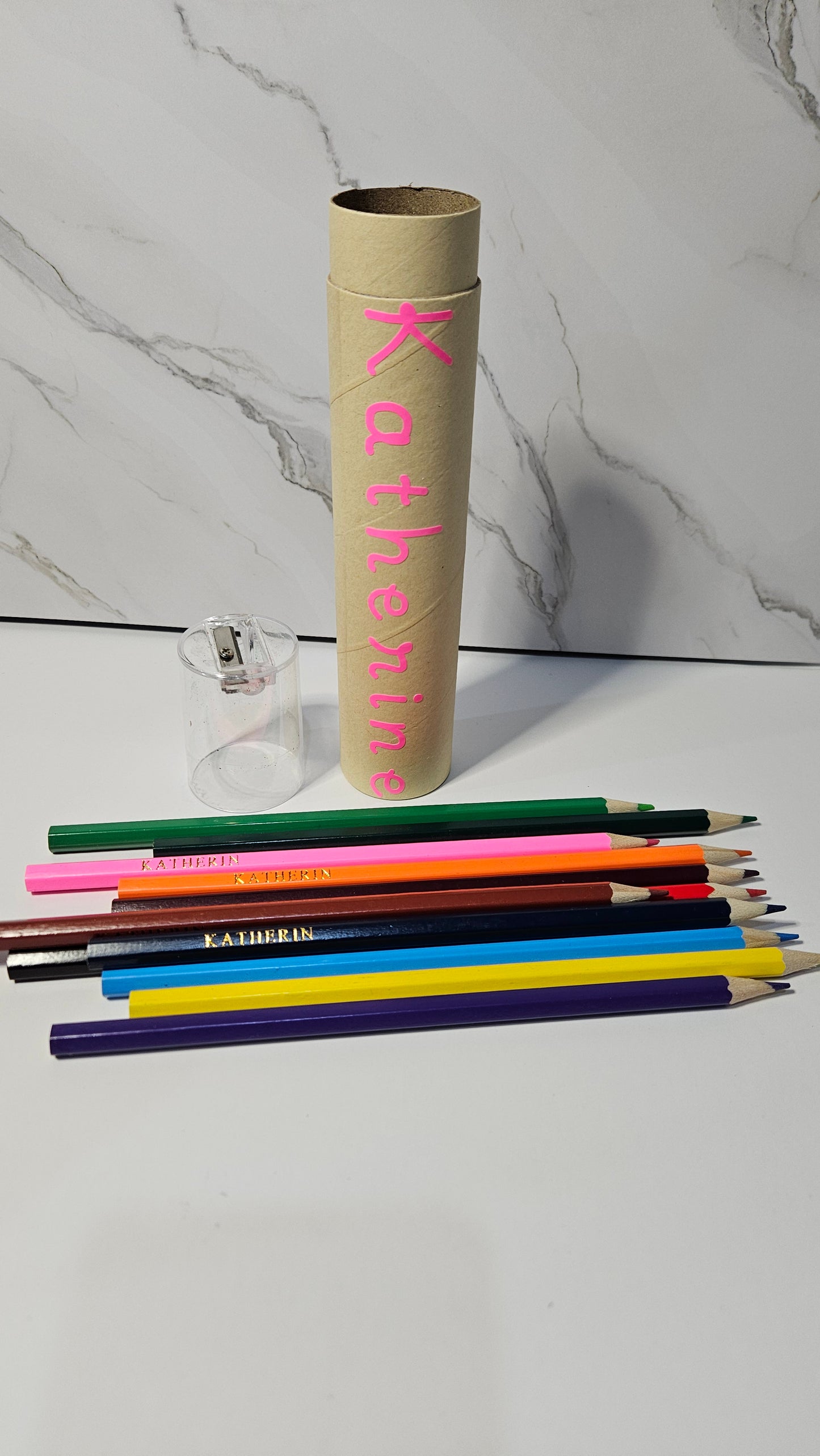 Set of 12 colored pencil with tube case and sharpener. Personalized white foil