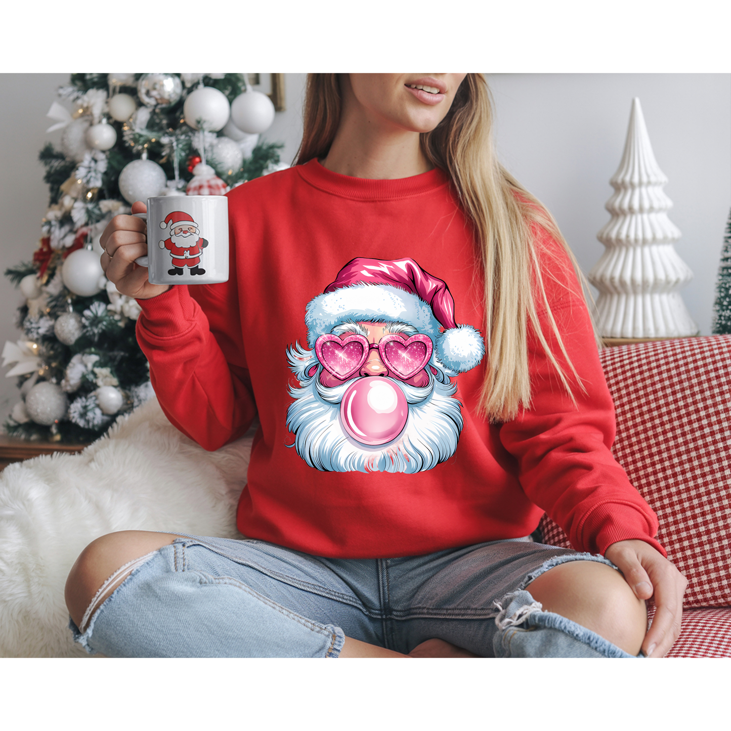 Pink Bubblegum Santa Christmas Sweatshirt – Cute Holiday Pullover with Heart Sunglasses | Cozy Winter Sweater Gift
