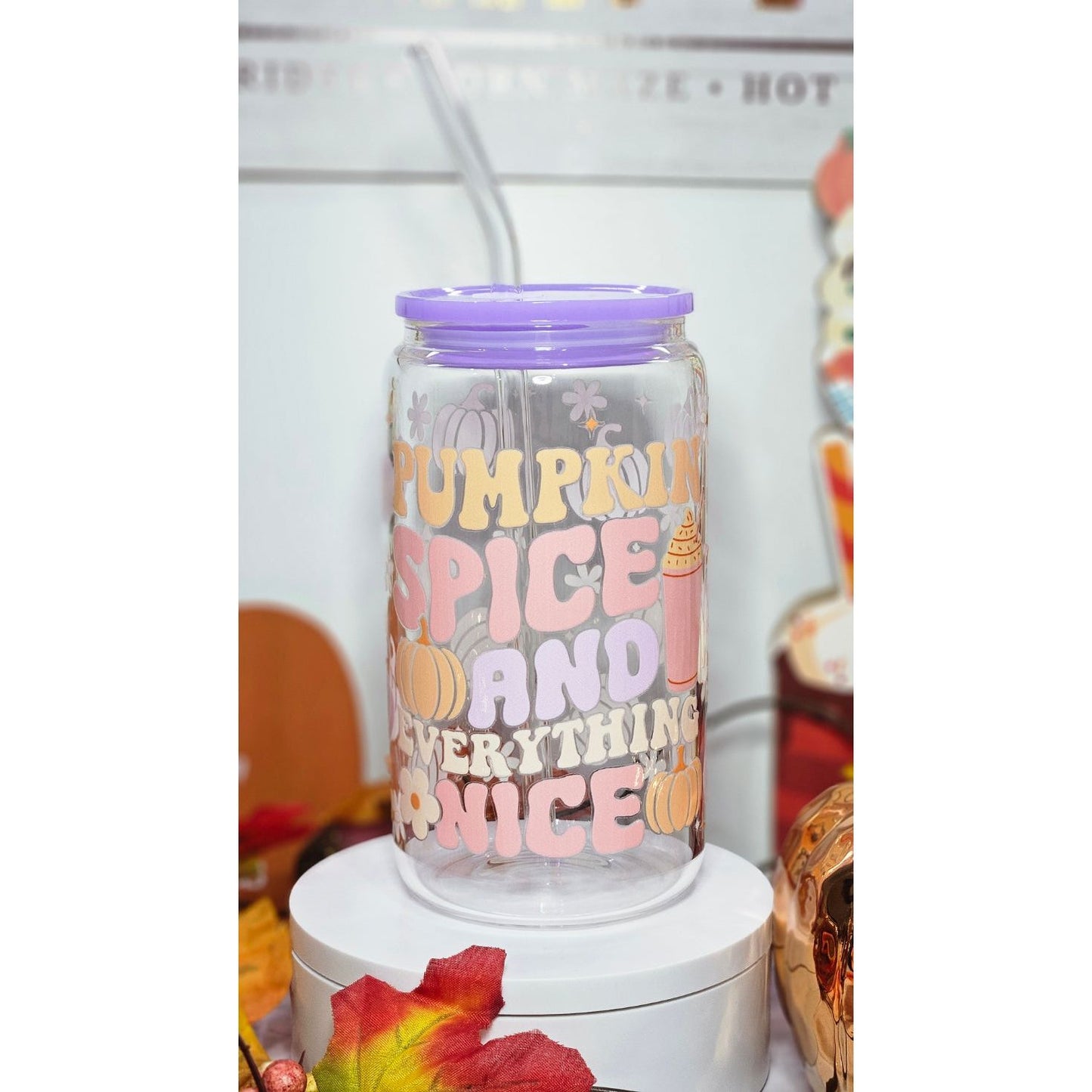 16 oz Clear cup bamboo lid Seasonal Fall