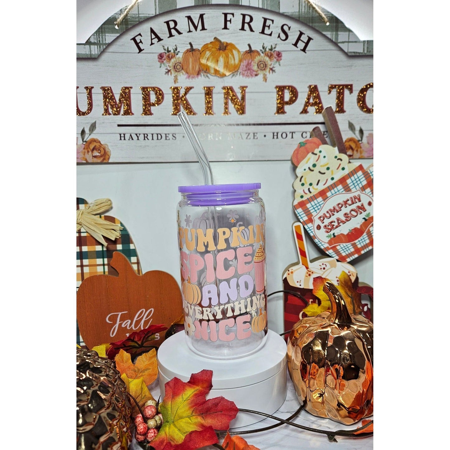 16 oz Clear cup bamboo lid Seasonal Fall