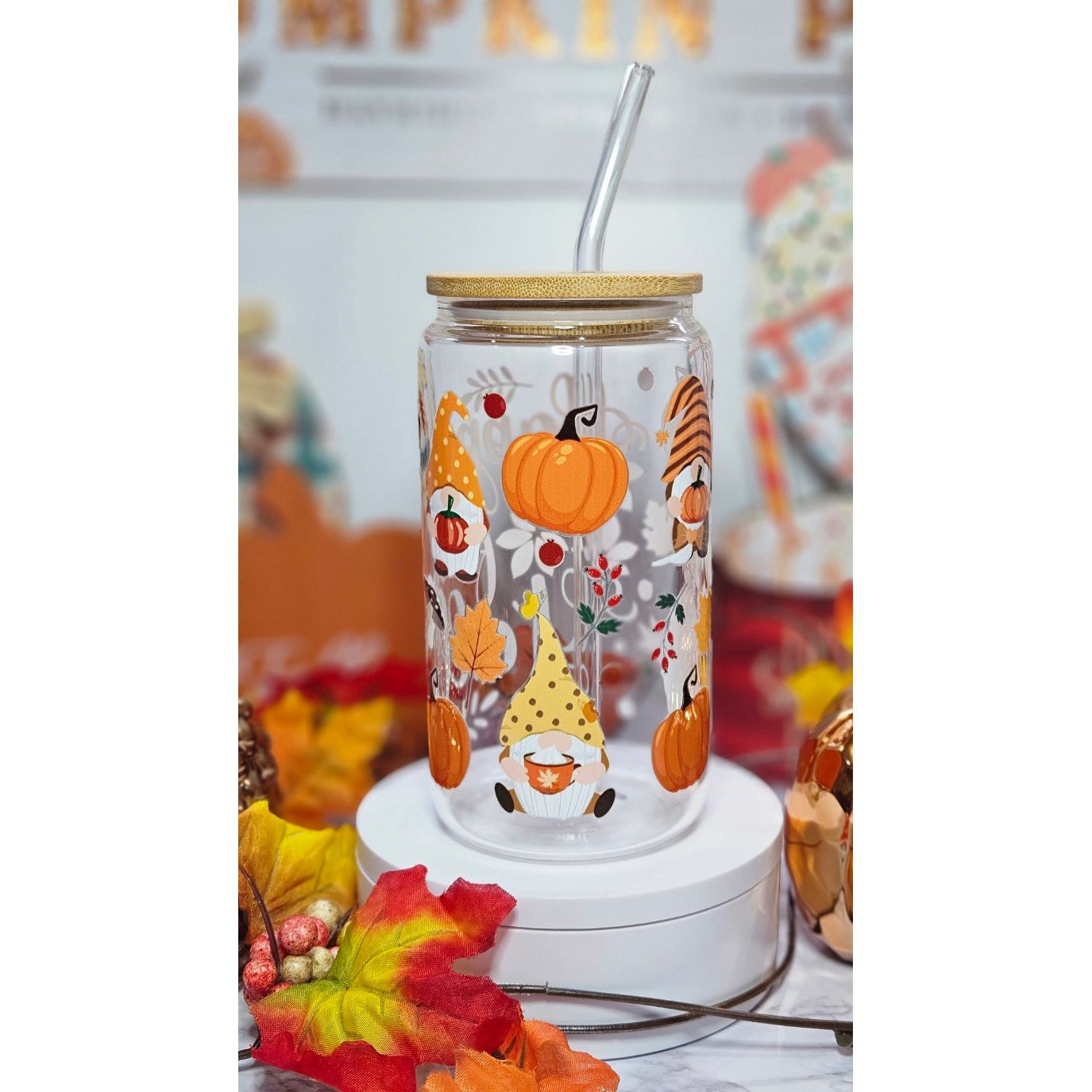 16 oz Clear cup bamboo lid Seasonal Fall