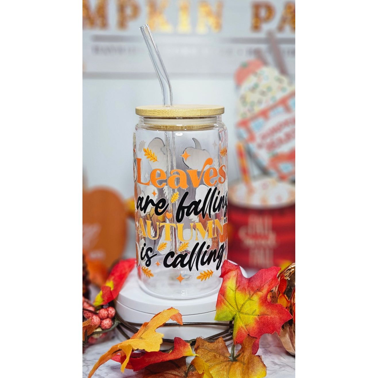 16 oz Clear cup bamboo lid Seasonal Fall