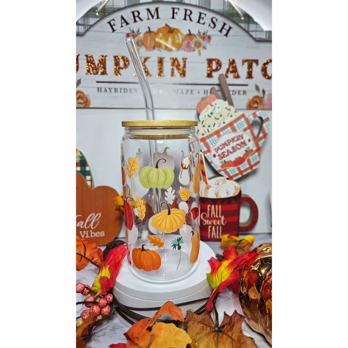 16 oz Clear cup bamboo lid Seasonal Fall