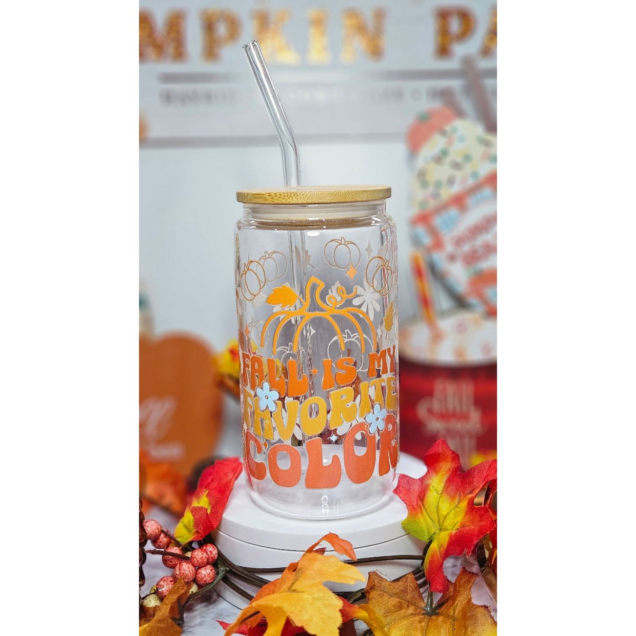 16 oz Clear cup bamboo lid Seasonal Fall