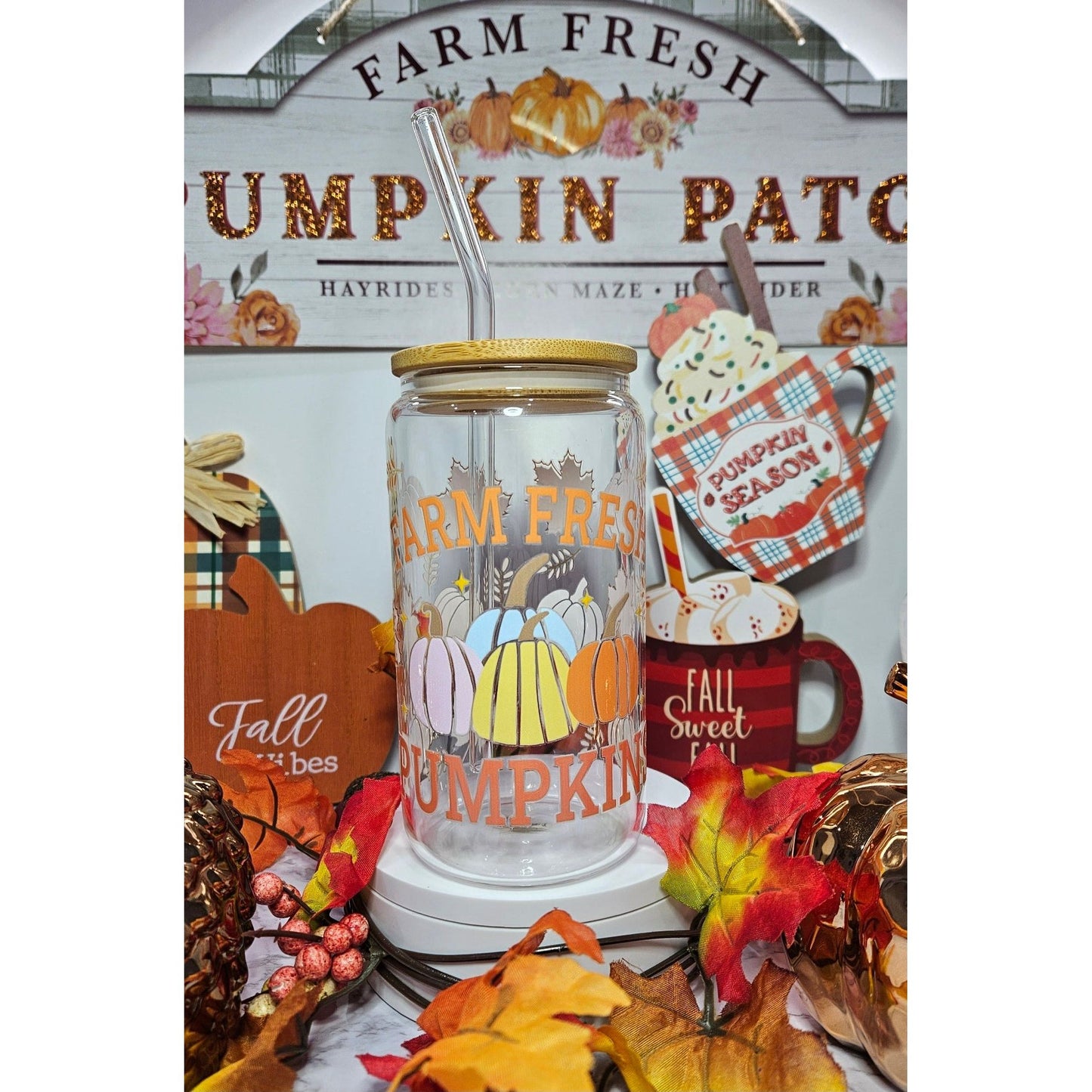 16 oz Clear cup bamboo lid Seasonal Fall