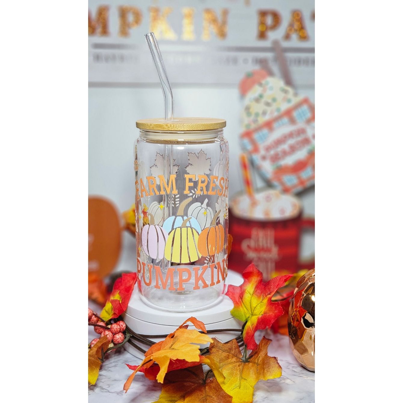 16 oz Clear cup bamboo lid Seasonal Fall