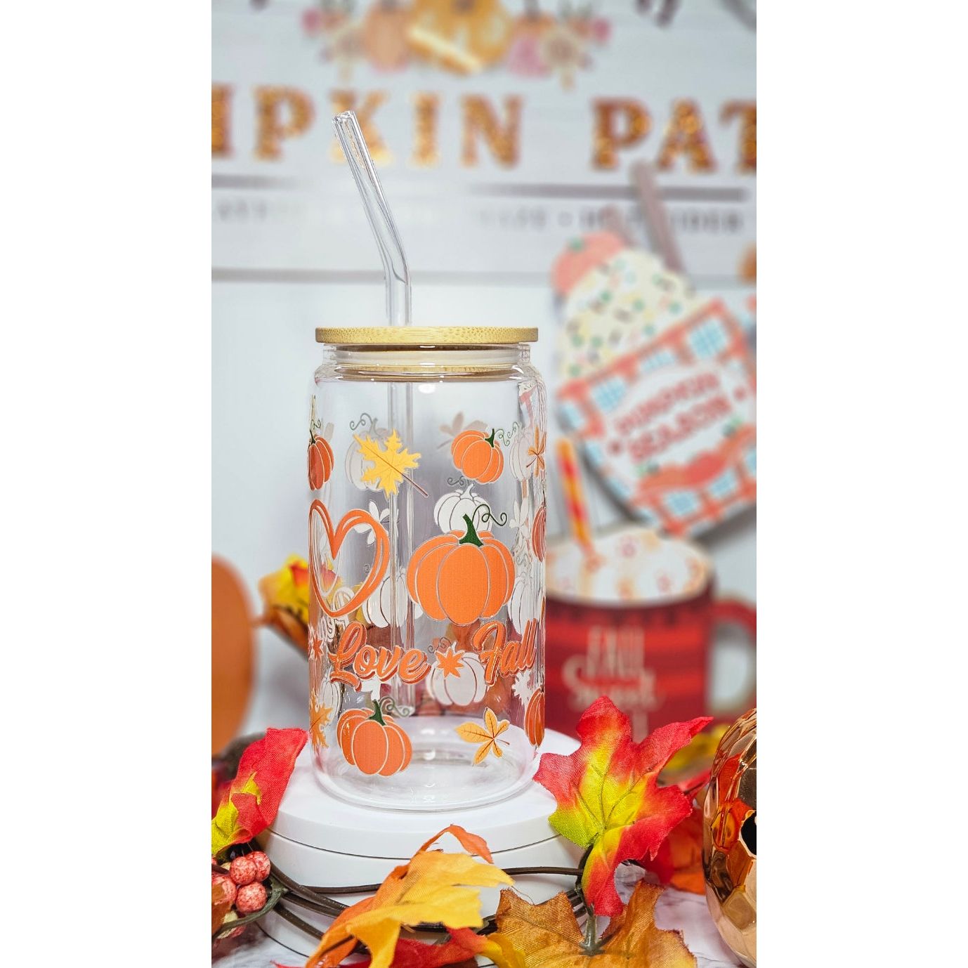 16 oz Clear cup bamboo lid Seasonal Fall