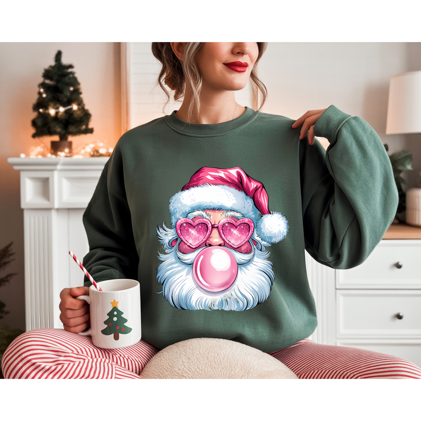 Pink Bubblegum Santa Christmas Sweatshirt – Cute Holiday Pullover with Heart Sunglasses | Cozy Winter Sweater Gift