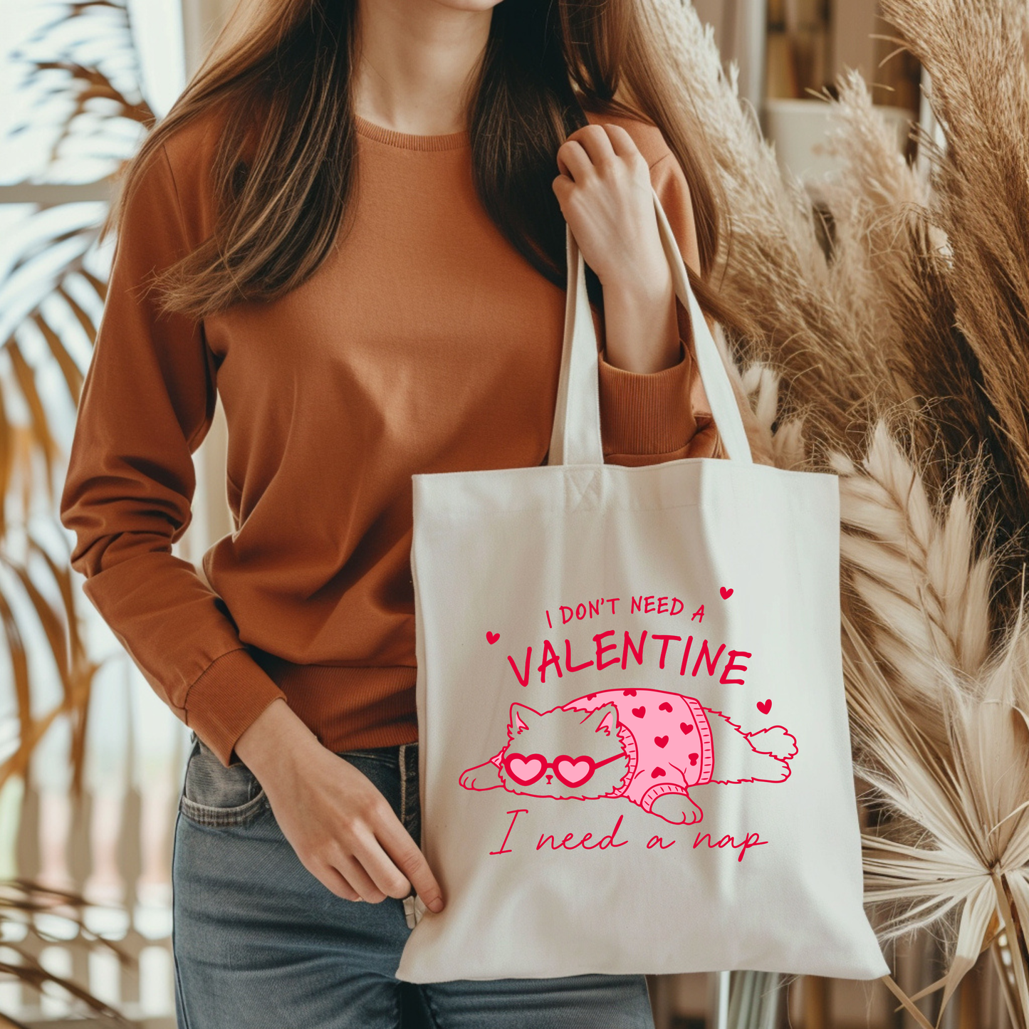 “I Don’t Need a Valentine, I Need a Nap” Cat Tote Bag