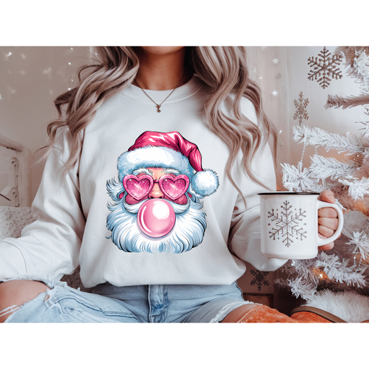 Pink Bubblegum Santa Christmas Sweatshirt – Cute Holiday Pullover with Heart Sunglasses | Cozy Winter Sweater Gift