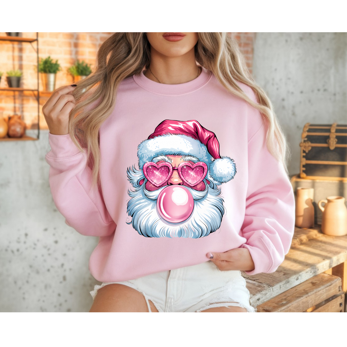 Pink Bubblegum Santa Christmas Sweatshirt – Cute Holiday Pullover with Heart Sunglasses | Cozy Winter Sweater Gift