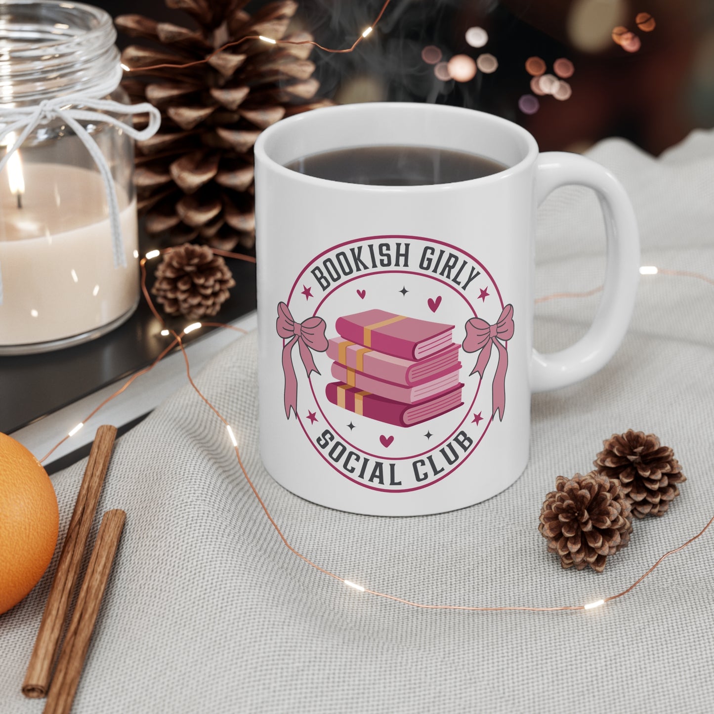 Bookish Girly social Club Card Bookish Mug  11 Oz ceramic with spoon