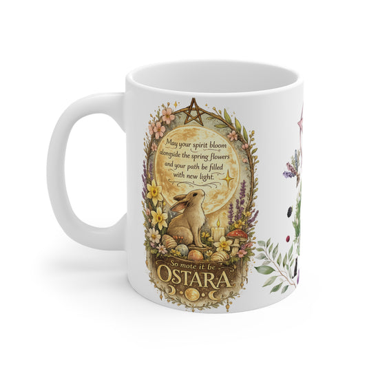 Spring Equinox Witchy Ceramic Coffee Cup | Pagan Gift | Ostara Decor | Boho Floral Rabbit Mug