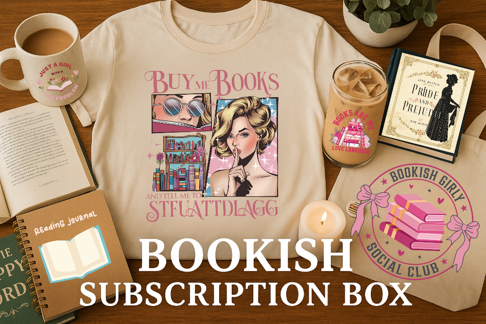 Book-themed merchandise including a t-shirt, tote bag, and coffee cup on a wooden surface.