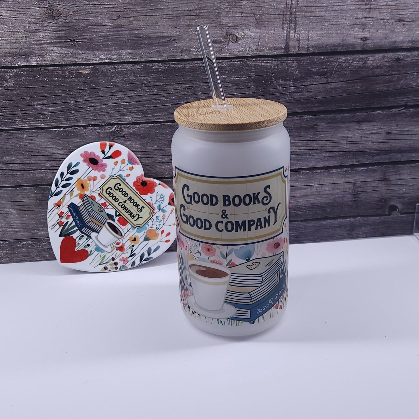 16 Oz frosted cup good books and good company Bookish theme, gift, cold brew, coffee, tea