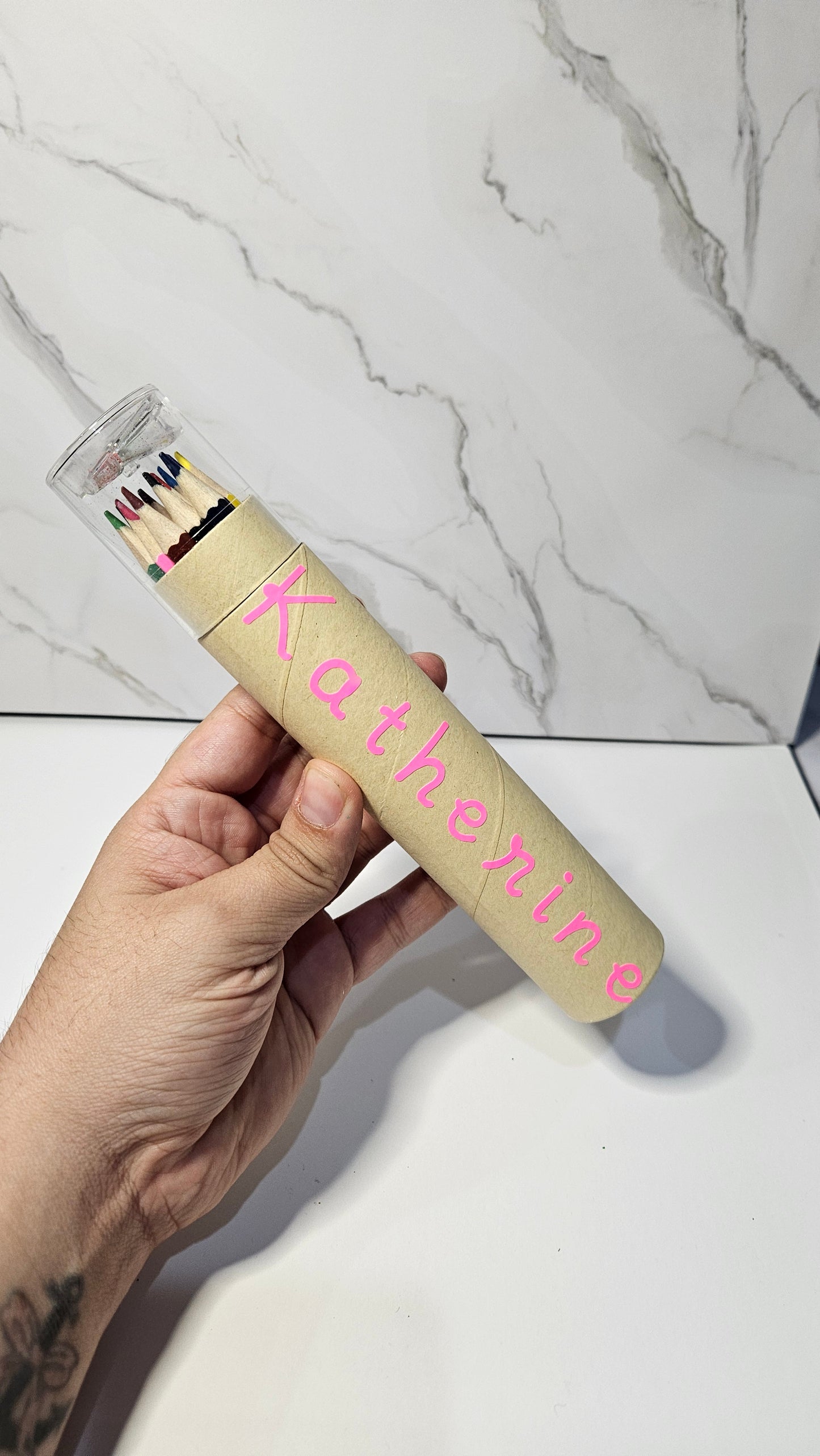 Set of 12 colored pencil with tube case and sharpener. Personalized white foil