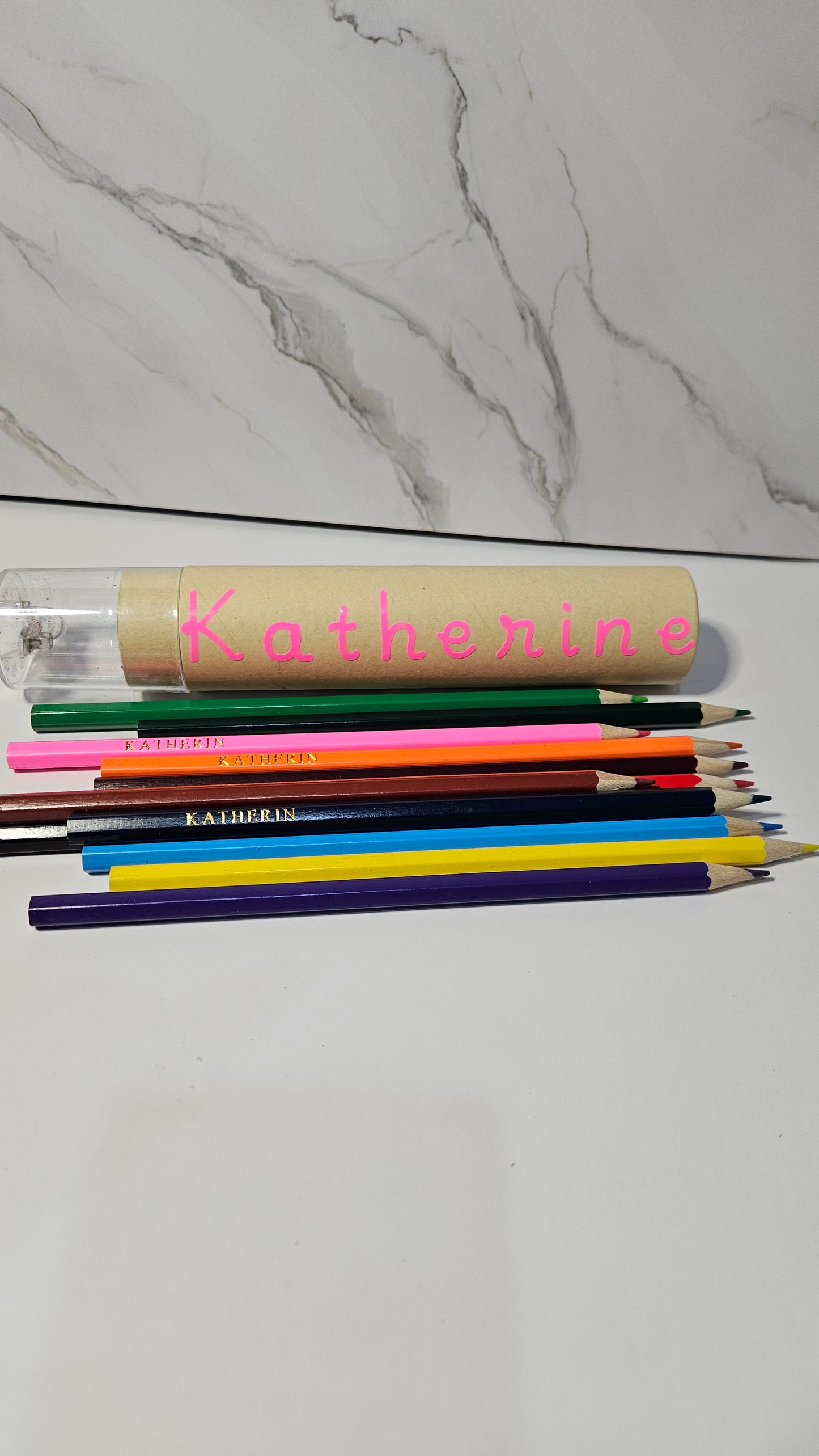 Set of 12 colored pencil with tube case and sharpener. Personalized white foil