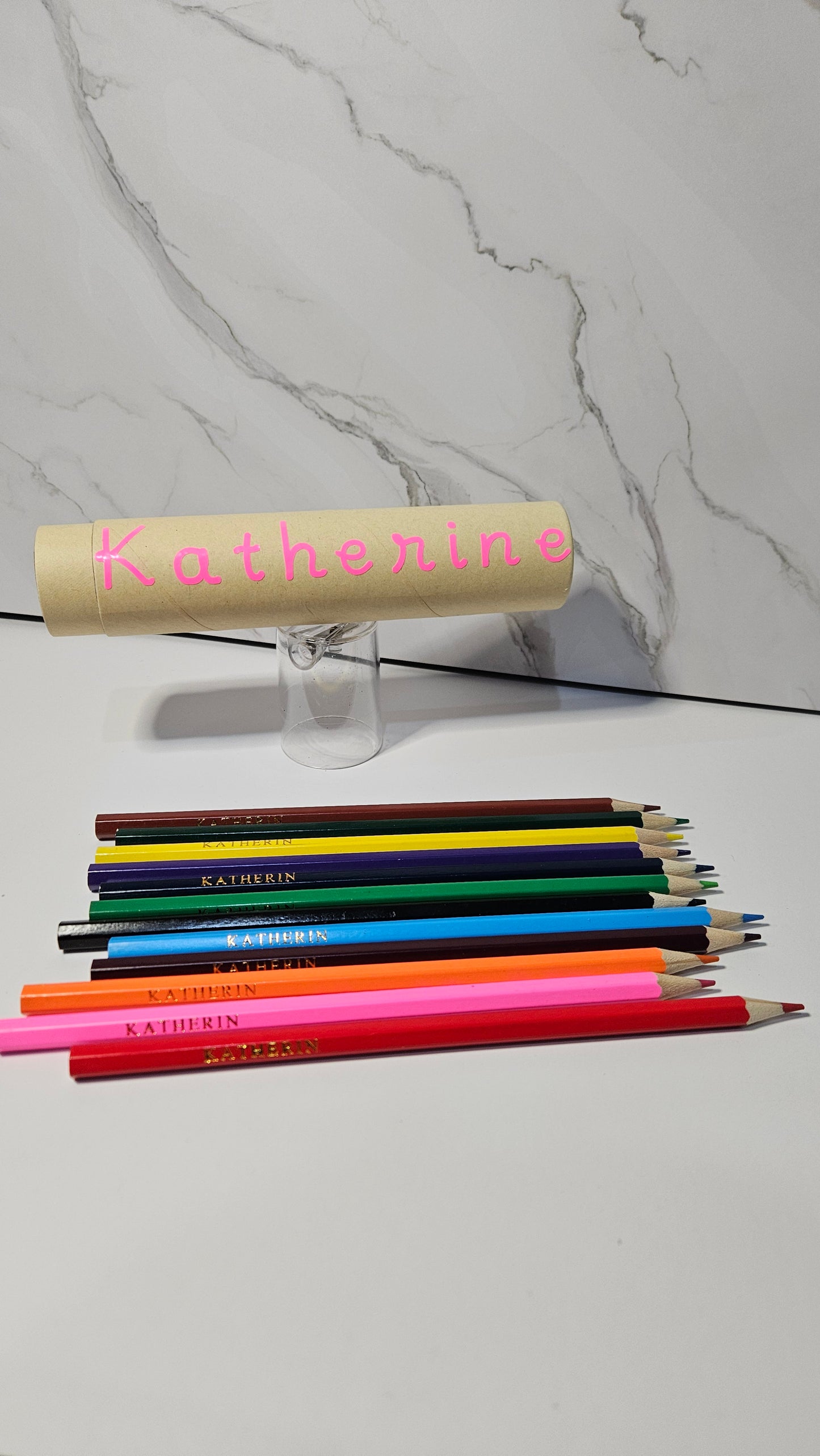 Set of 12 colored pencil with tube case and sharpener. Personalized white foil