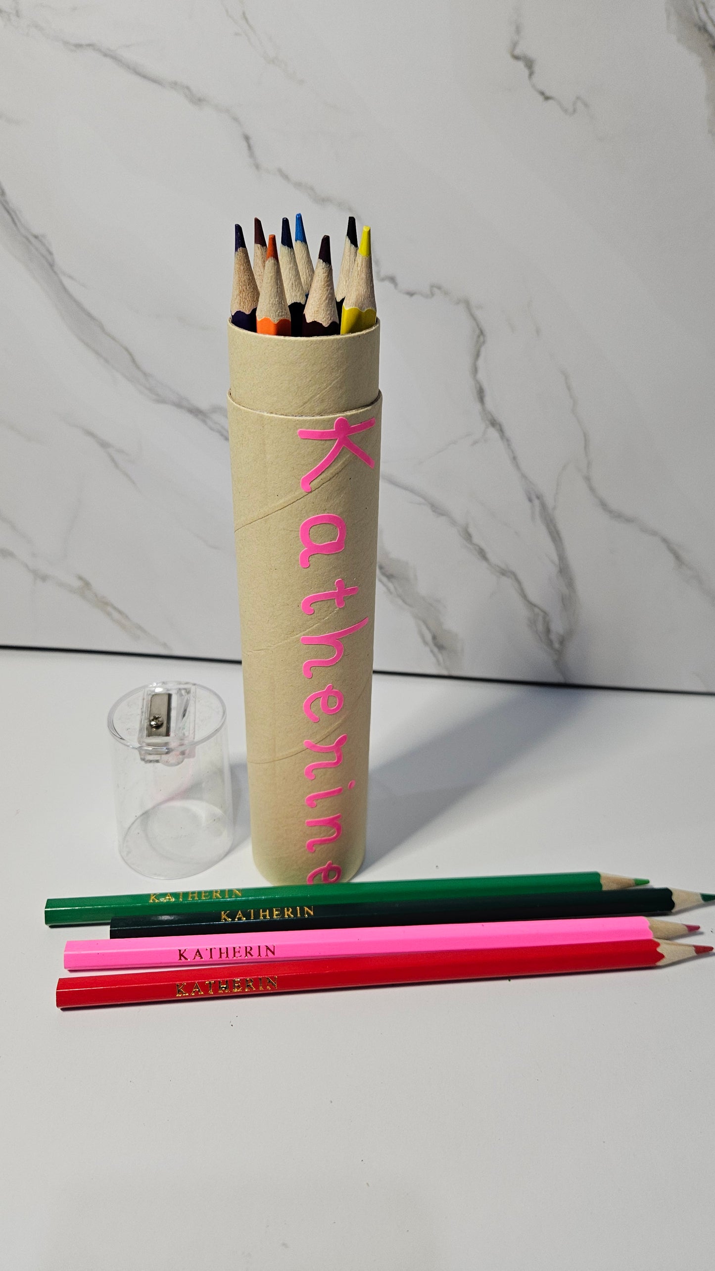 Set of 12 colored pencil with tube case and sharpener. Personalized white foil