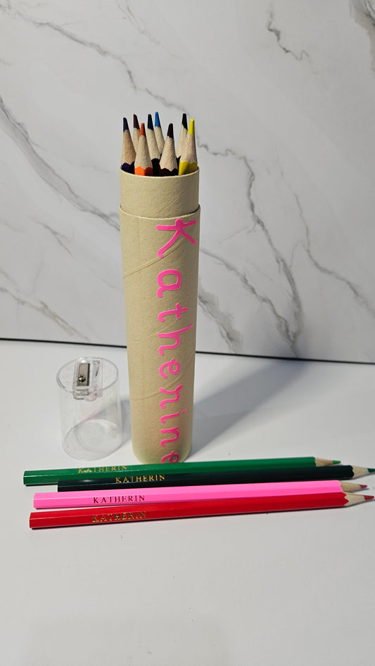 Set of 12 colored pencil with tube case and sharpener. Personalized white foil